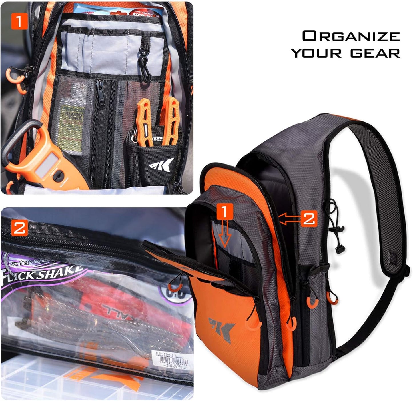 Pond Hopper Fishing Sling Tackle Bag - Lightweight Fishing Sling Chest Pack, Sling Tool Bag for Fishing Hiking Hunting Camping,With (1) 3600 Box,17.7X12.6X6 Inches,Orange