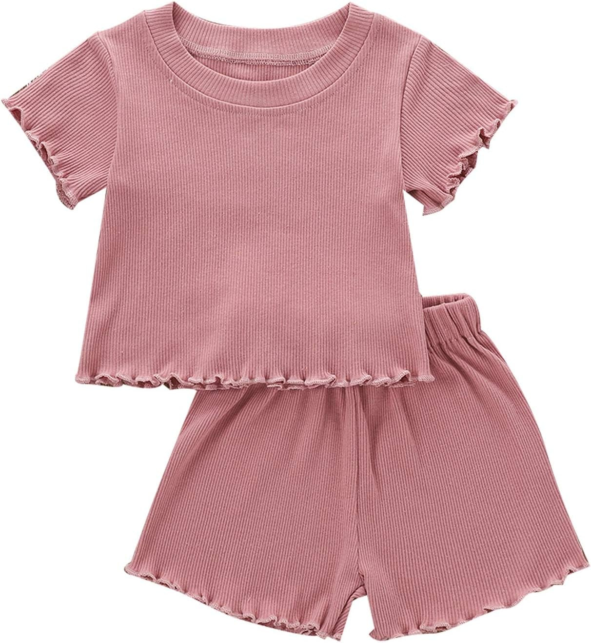 Toddler Baby Girl Summer Clothes Ribbed Knit Cotton Cute Summer Outfits Short Sleeves 2 Pieces Shorts Set 12M - 5T