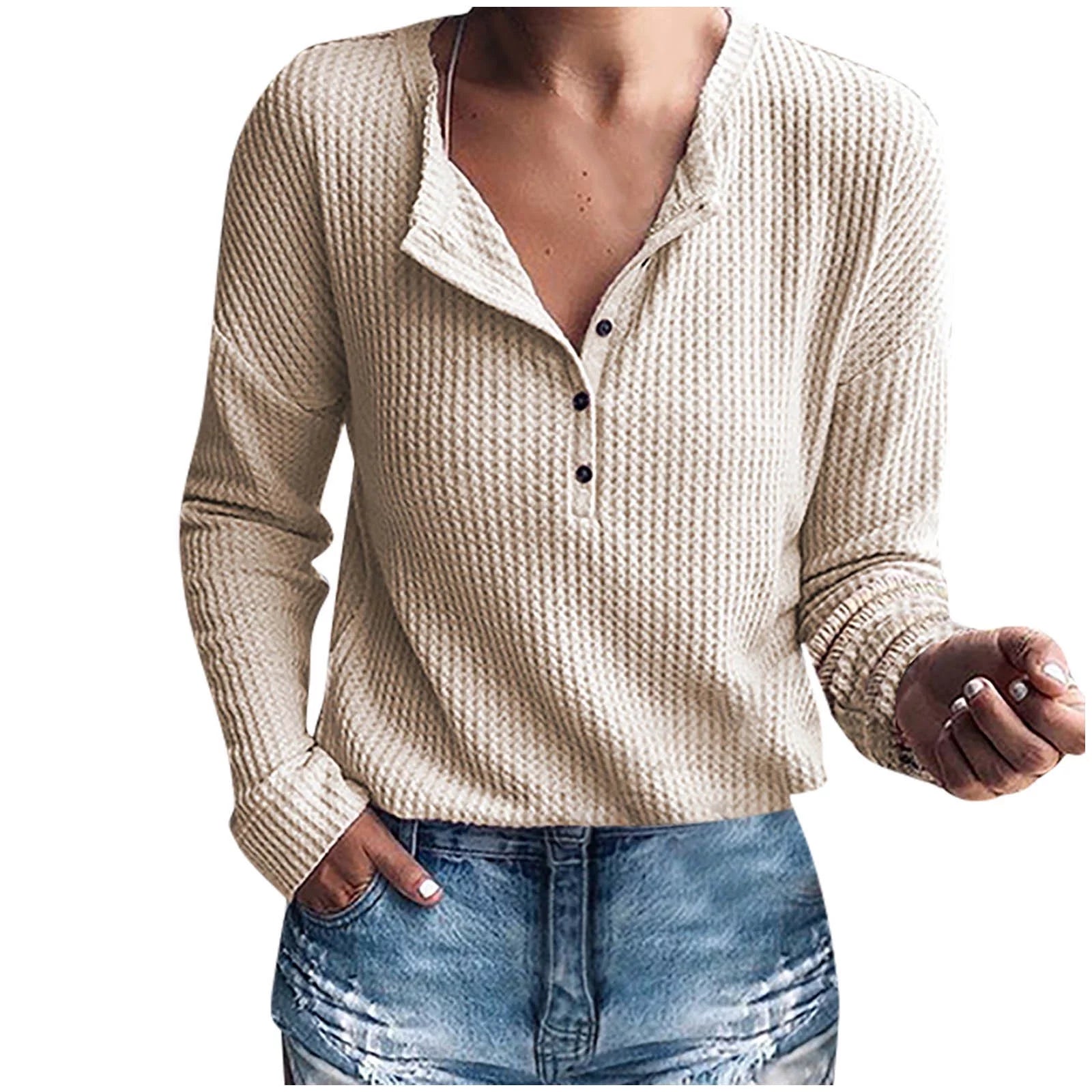 Womens Waffle Knit Tunic Top Long Sleeve V Neck Button up Casual Tops Ribbed Solid Color Henley T Shirts Blouse