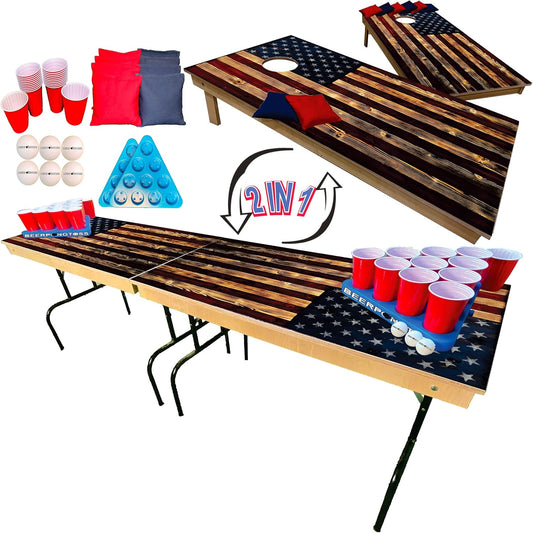 2-In-1 Cornhole & Pong Table - for College, Tailgate, Parties | Includes - 8Ftpong Table, Cornhole Board Set 4X2Ft, (8) Cornhole Bags (22) Cups (6) Pong Balls & (2) Racks