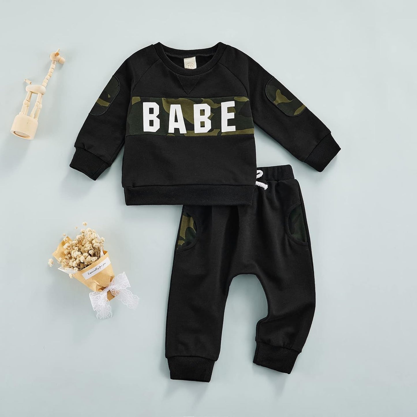 Newbron Baby Girls Boys Clothes Letter Printed Long Sleeve Romper Hooded Sweatshirts Pants Outfits(Black, 18-24 Months)