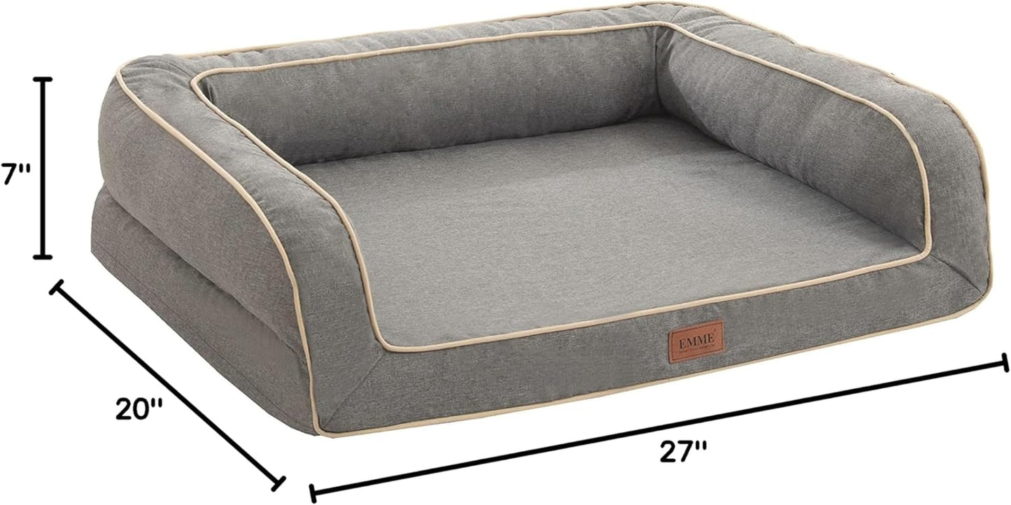 Orthopedic Dog Sofa Beds, Deluxe Pet Couch Bed with Egg Foam Mattress and Removable Washable Linen Cover for Small, Medium and Large Dogs (Grey, Small)