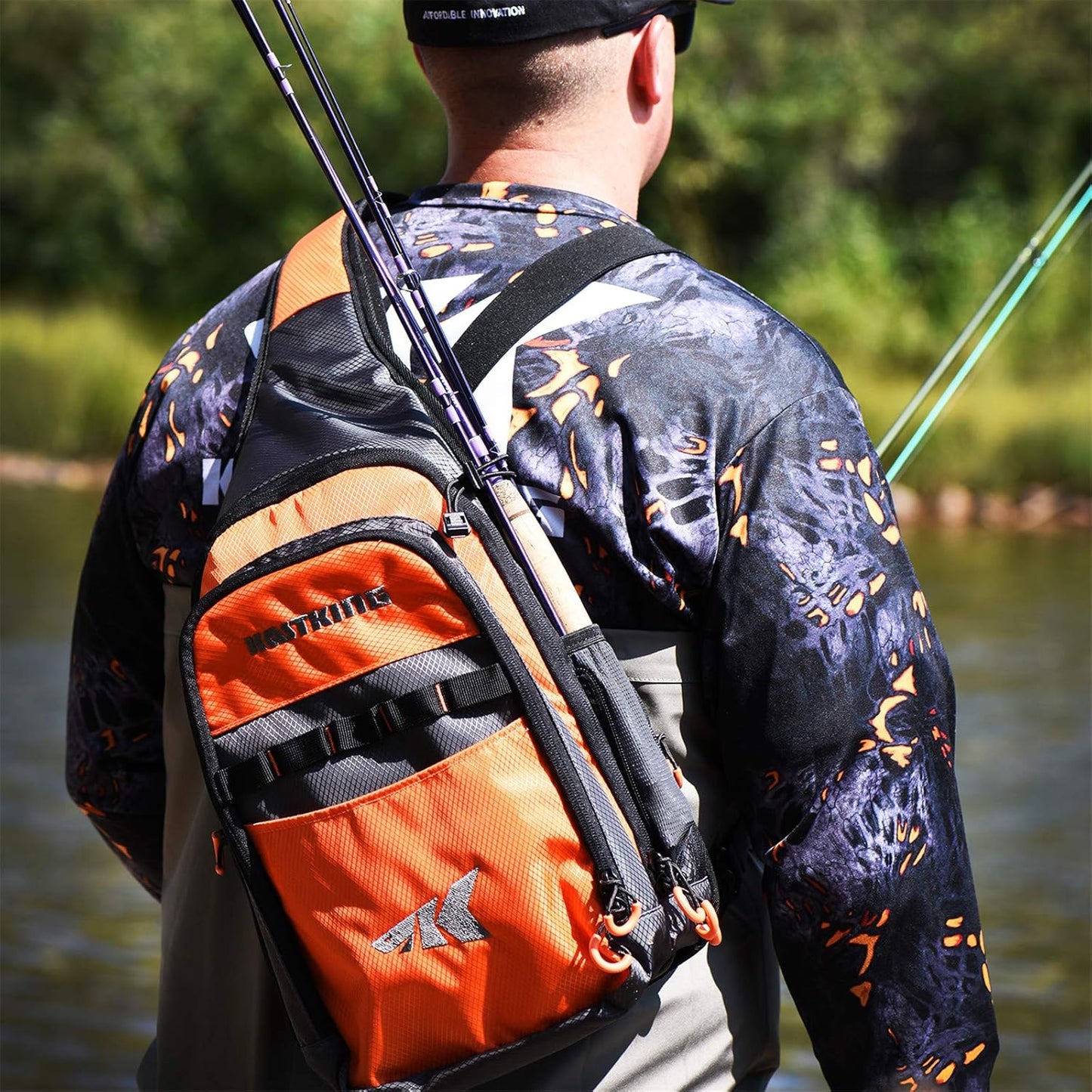 Pond Hopper Fishing Sling Tackle Bag - Lightweight Fishing Sling Chest Pack, Sling Tool Bag for Fishing Hiking Hunting Camping,With (1) 3600 Box,17.7X12.6X6 Inches,Orange