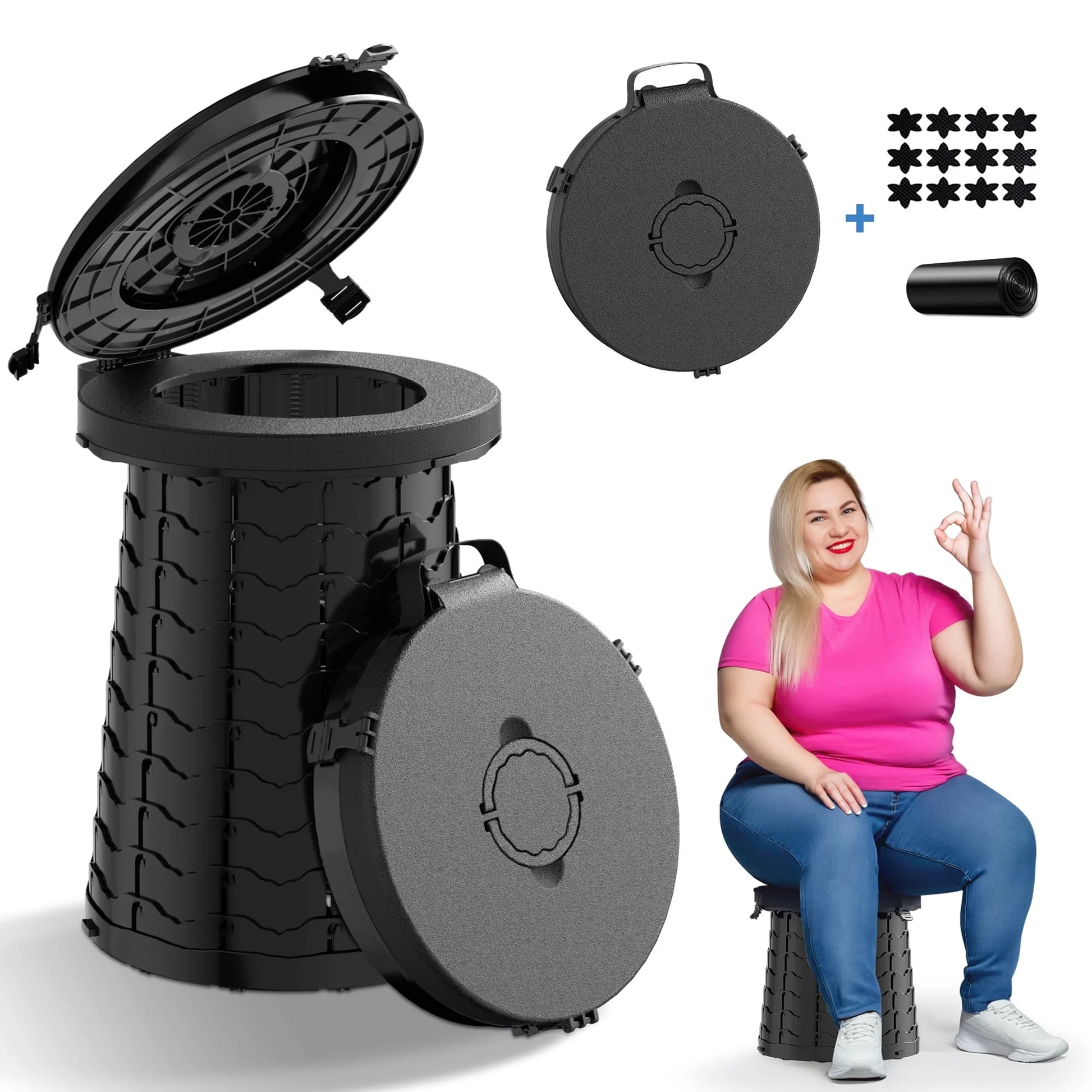 Portable Toilet for Camping,380Lbs Capacity,19.7" H Adjustable Portable Toilet with 7 Garbage Bags,Porta Potty for Adults,Collapsible Luggable Loo for Camping/Travel/Hiking/Car