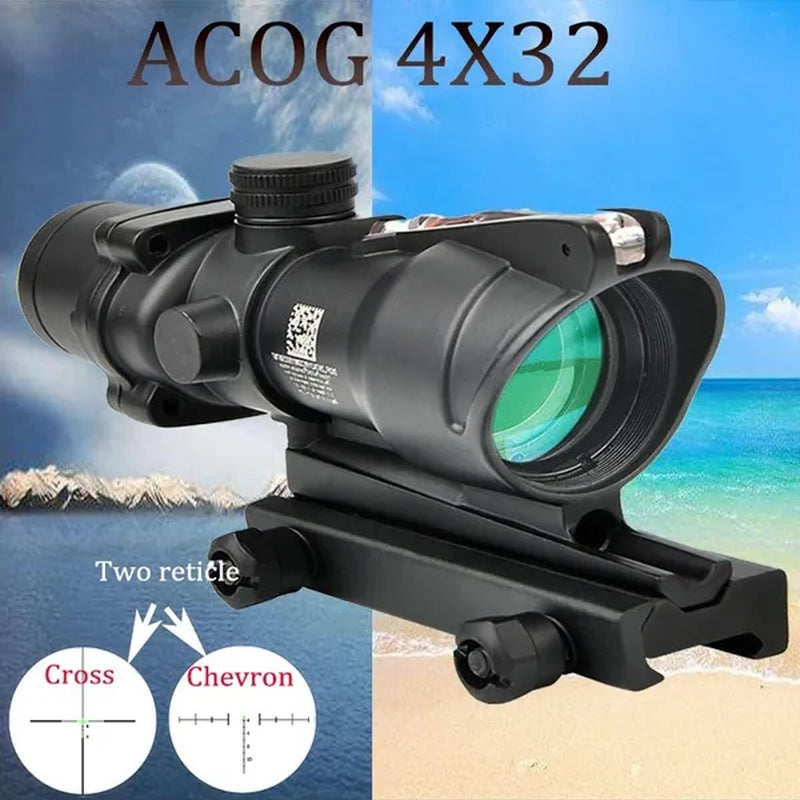 Hunting Scope Tactical ACOG 4X32 Cross or Chevron Reticle Hunting Riflescope Red/Green Illuminated Optical Fiber Rifle Scope