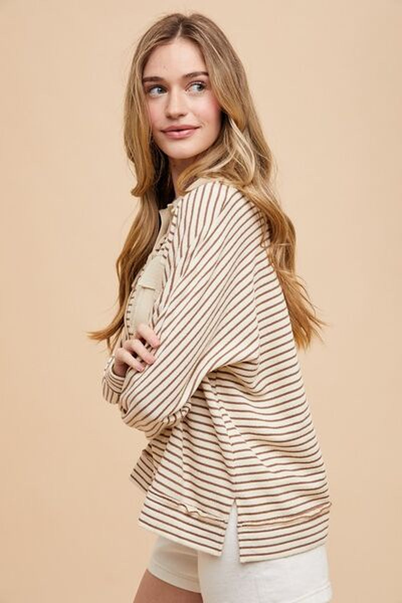 Annie Wear Striped Button Detail Long Sleeve Polo Top